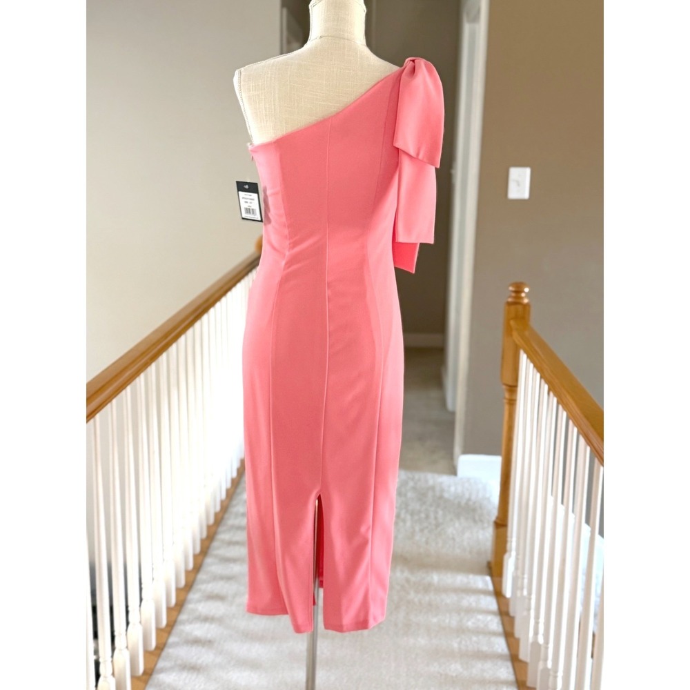 Marina Midi Crepe Dress One Shoulder Bow Accent In Coral Size XS - Picture 4 of 9